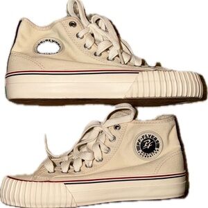 P.F. Flyers Cream High-Top Sneakers with Red & Navy Stripes